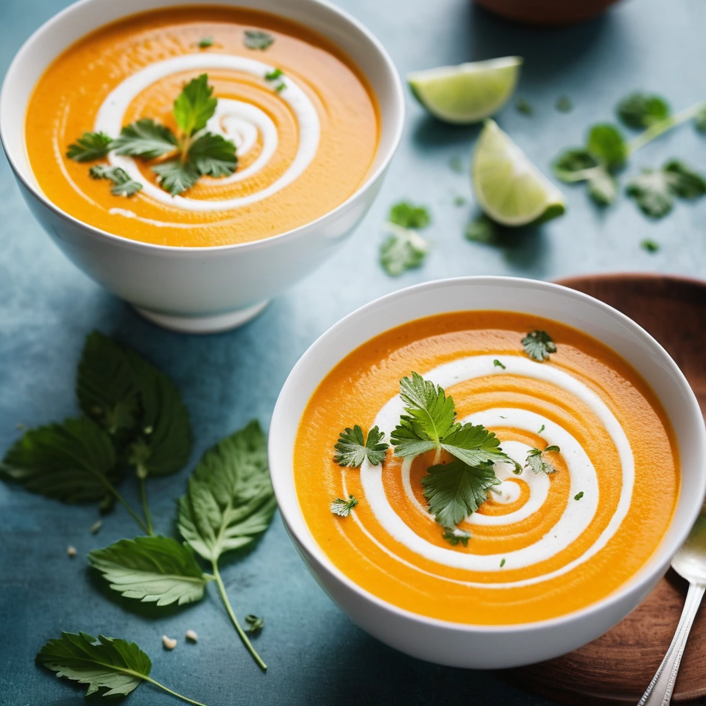 Bowl of smooth orange soup with a swirl of coconut cream and a sprinkle of fresh cilantro.