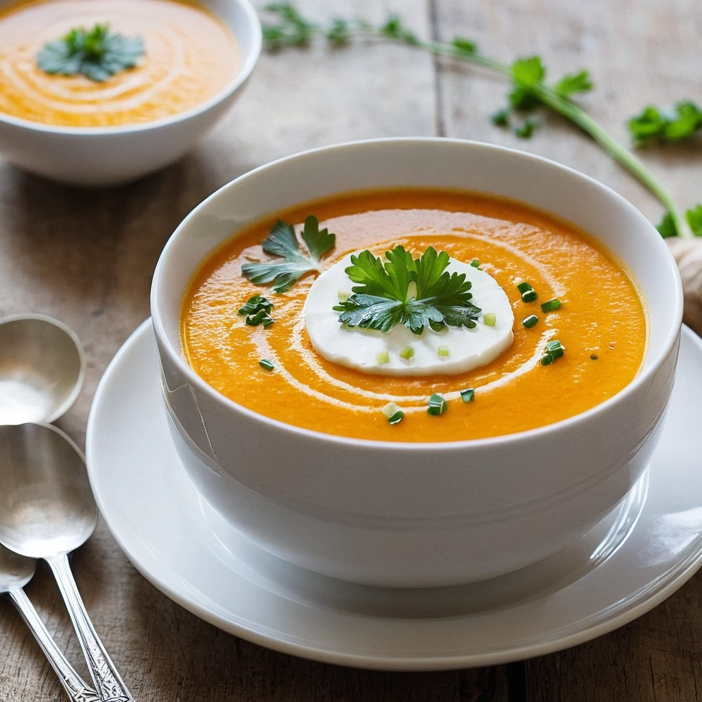 A plated serving of Roasted Carrot Ginger Soup