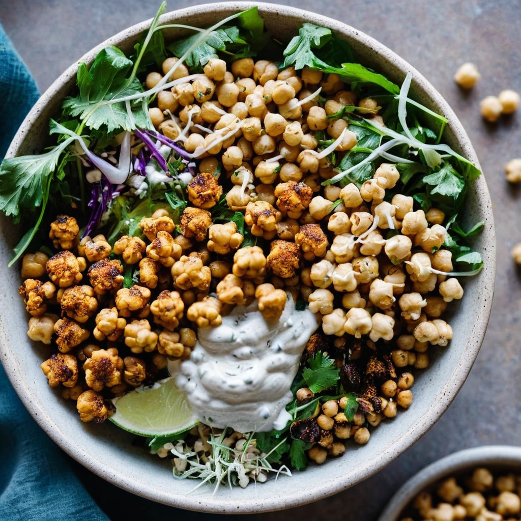 Colorful bowl with roasted cauliflower and chickpeas over greens, drizzled with tahini sauce and sprinkled with fresh herbs.