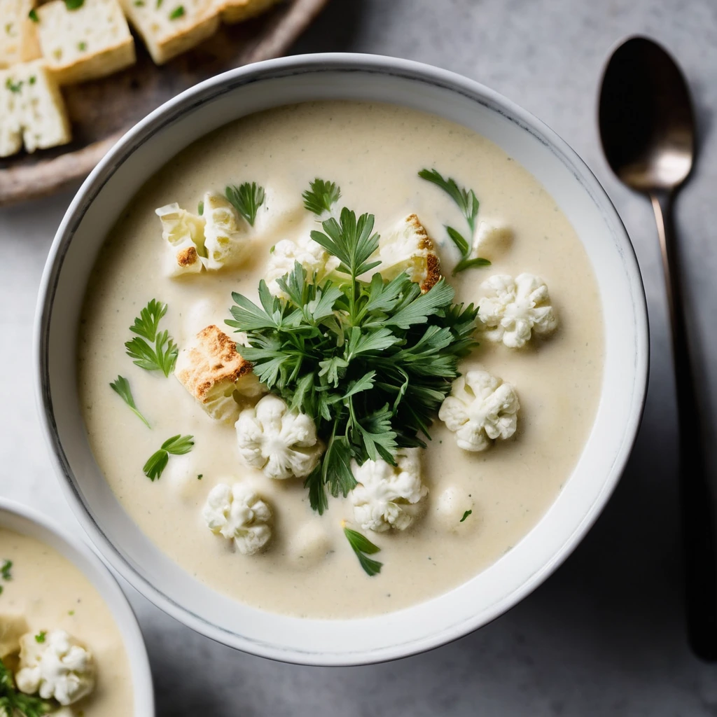 Golden roasted cauliflower chunks in a creamy white soup, sprinkled with fresh chives, served in a rustic bowl.