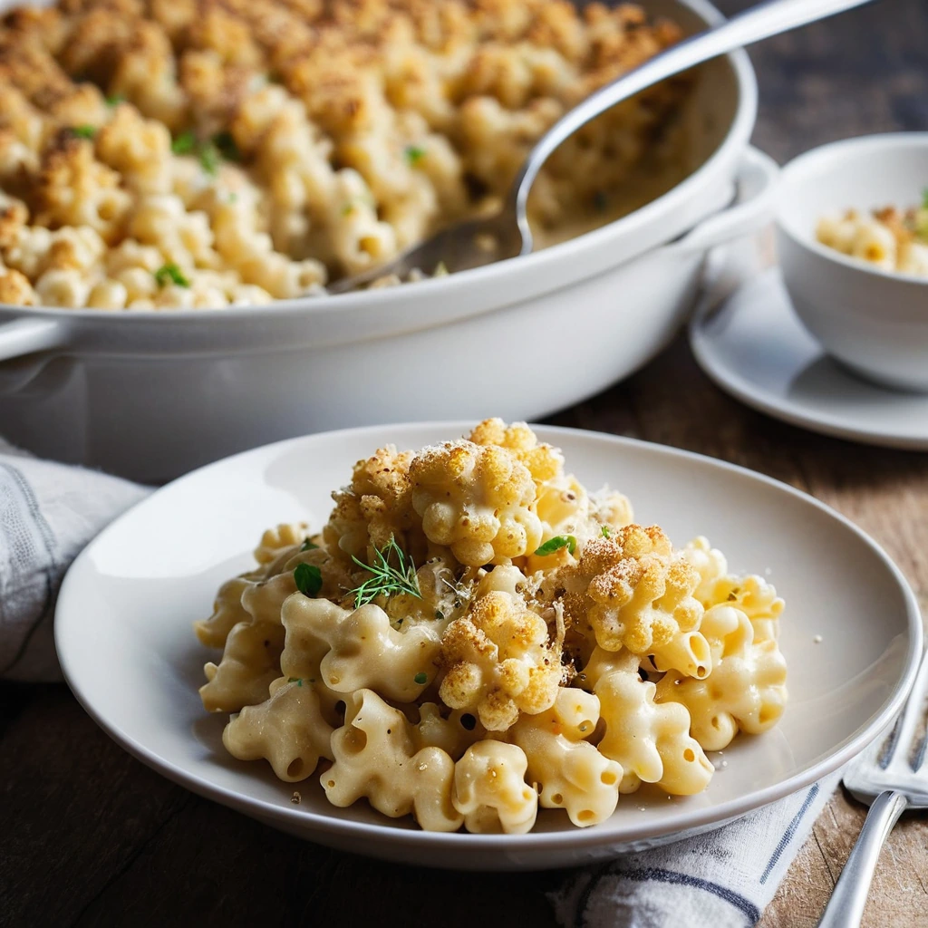 golden roasted cauliflower florets mixed with creamy macaroni in a bubbly cheese sauce, topped with a sprinkle of breadcrumbs