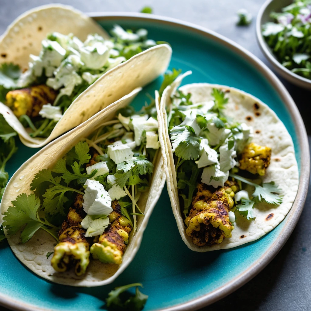 Warm corn tortillas filled with golden roasted cauliflower and vibrant green cilantro slaw.