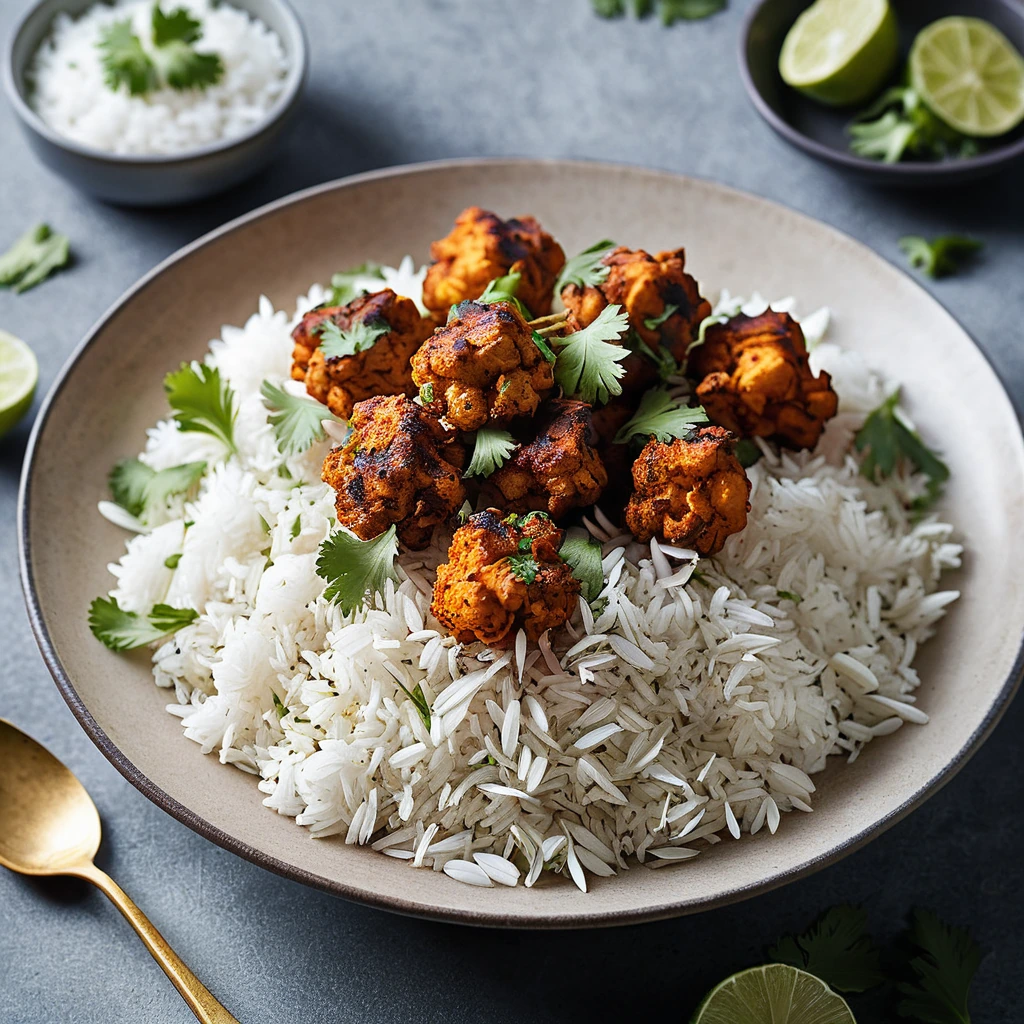 Golden roasted cauliflower florets on a bed of white basmati rice, garnished with fresh cilantro.