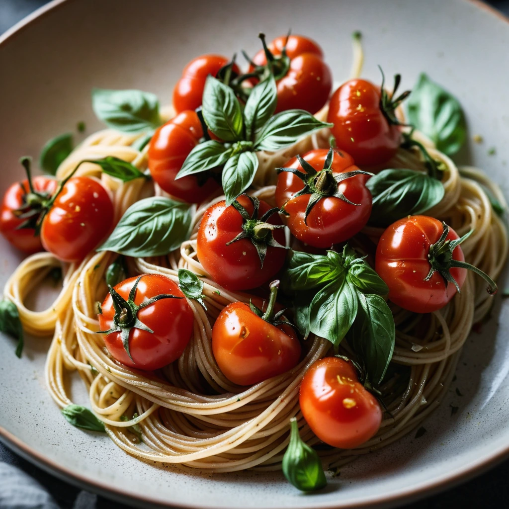 Golden roasted tomatoes and caramelized garlic atop a mound of twirled spaghetti, sprinkled with fresh basil leaves.
