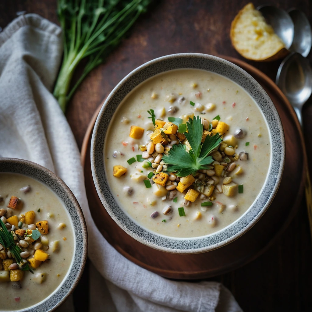 Creamy golden chowder in a rustic bowl, topped with green chives and golden roasted corn kernels.