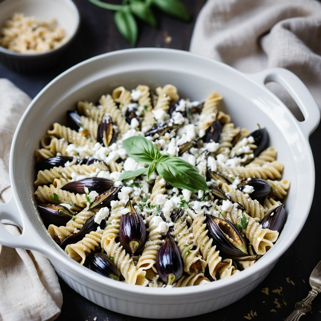 Baked rotini pasta in a casserole dish with a golden bubbly top, featuring chunks of roasted eggplant and creamy ricotta.