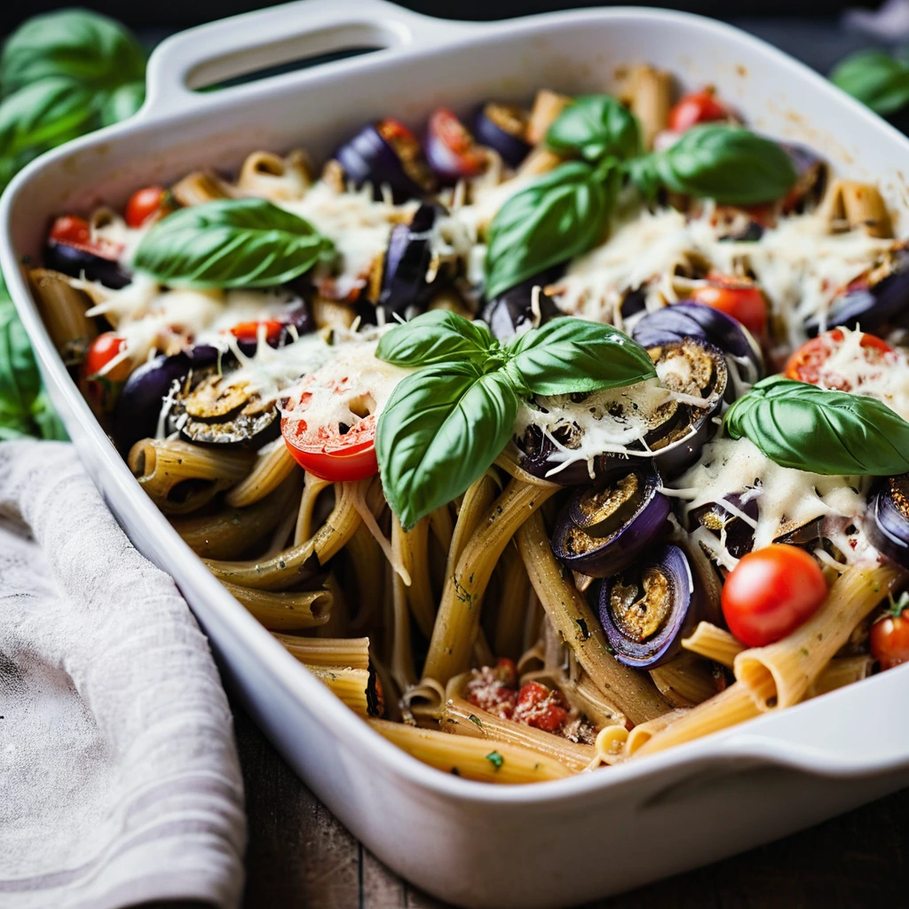 Golden-brown pasta bake with layers of roasted eggplant and tomatoes topped with melted mozzarella.