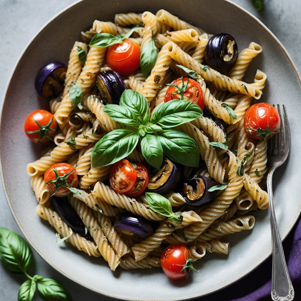 Tangled golden pasta swirled with roasted eggplant chunks and tomato sauce, sprinkled with green basil leaves.
