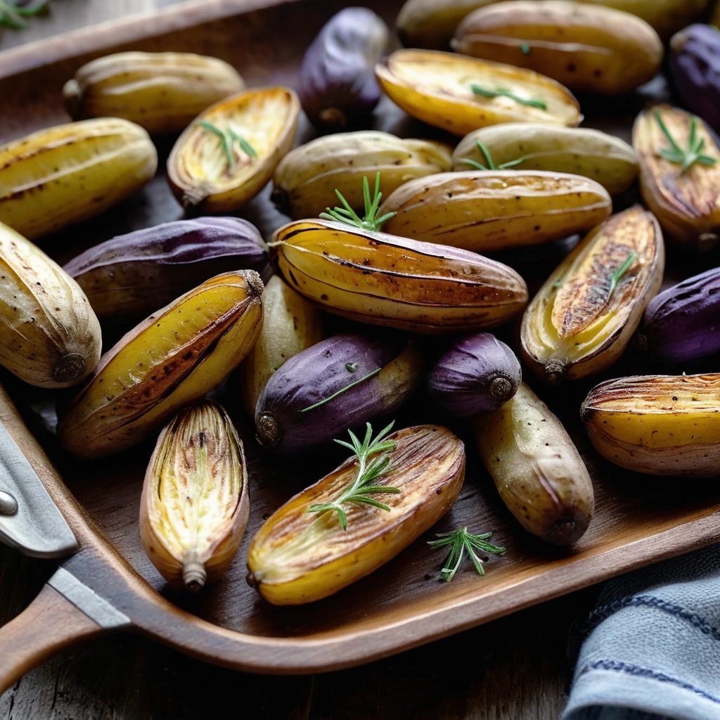 Fingerling potatoes roasted to perfection on a baking sheet, golden brown with crispy edges, arranged on a rustic wooden plate.