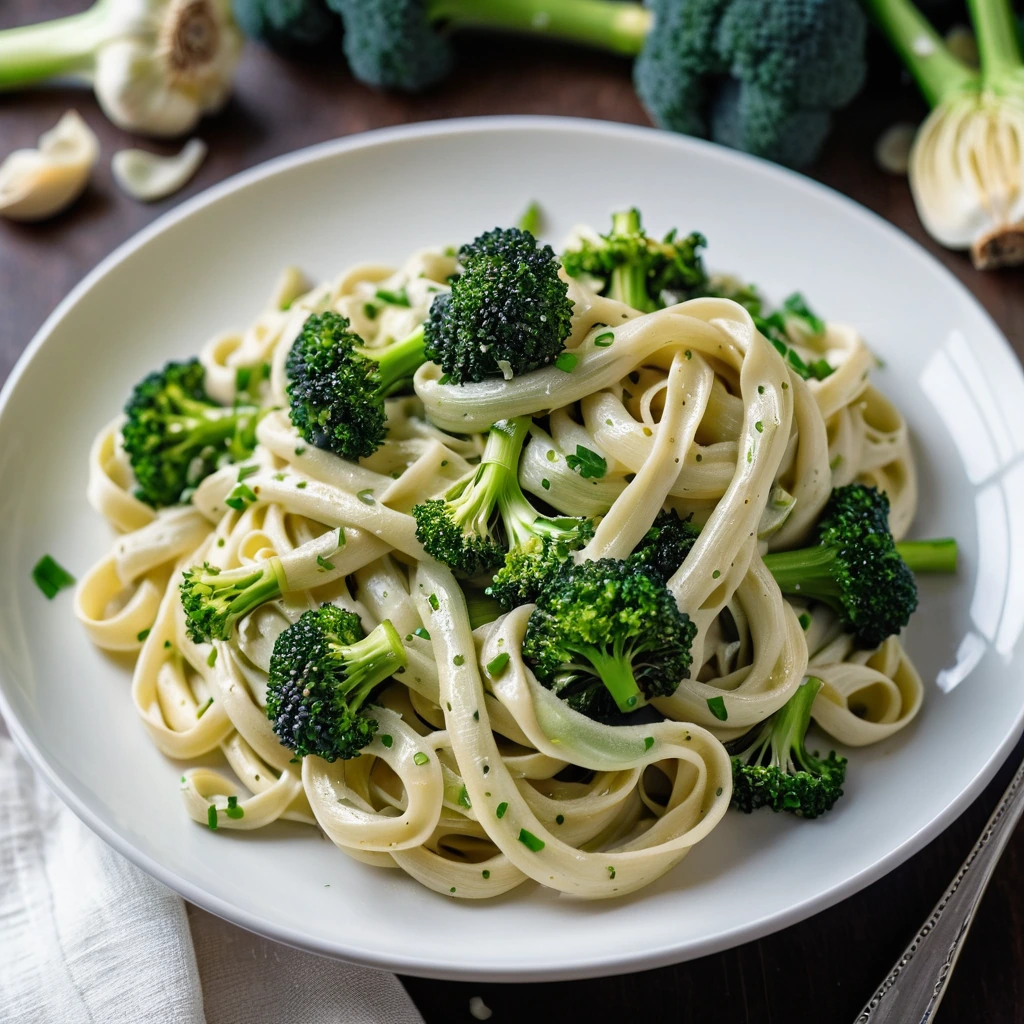 Golden fettuccine twirled on a white plate, smothered in creamy alfredo sauce, dotted with roasted garlic cloves and vibrant green broccoli florets.