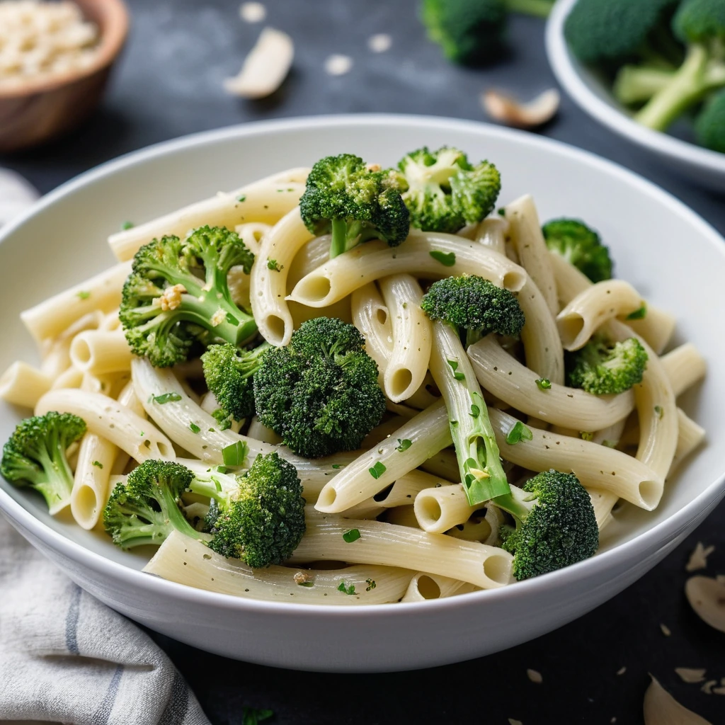 Creamy alfredo pasta in a bowl topped with roasted garlic cloves and broccoli florets