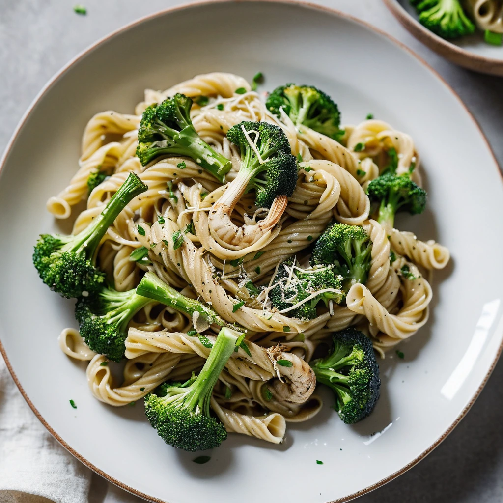 Golden pasta twirled on a plate, studded with green broccoli florets and white roasted garlic, topped with shredded chicken.
