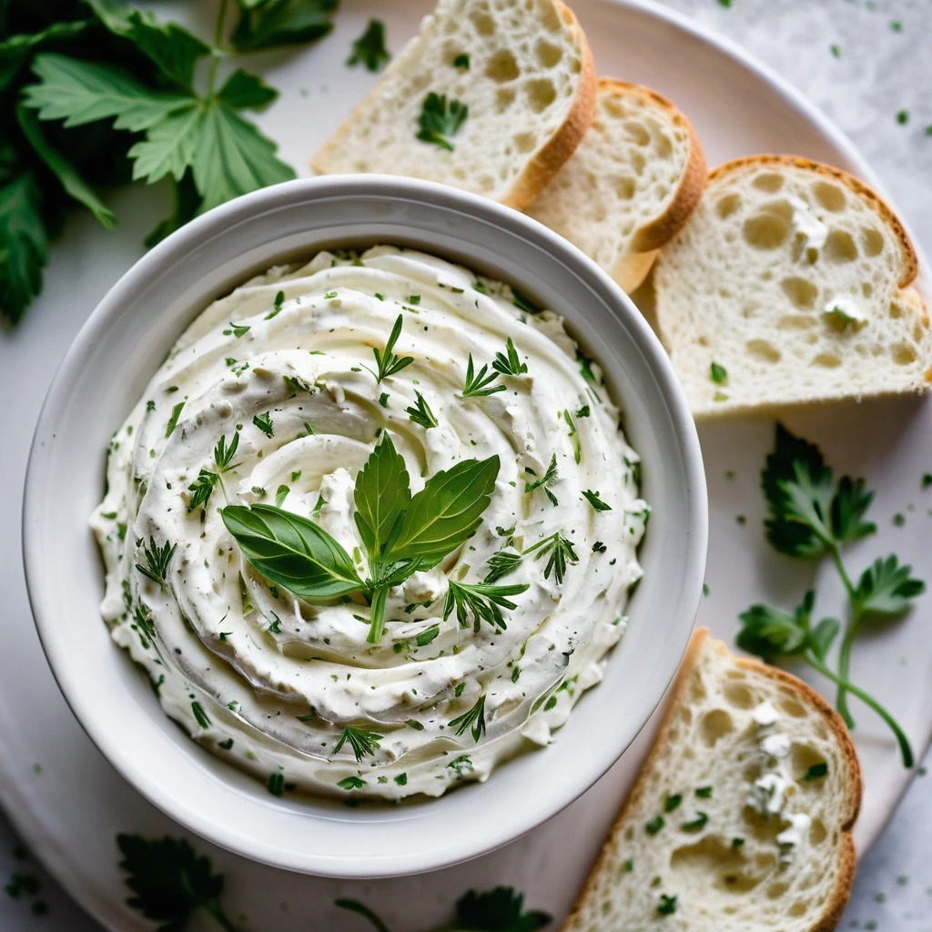 Creamy white spread in a bowl with green herb flecks, served with toasted bread slices.