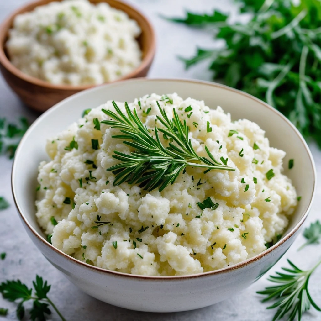 Golden mashed cauliflower in a bowl with green herbs sprinkled on top