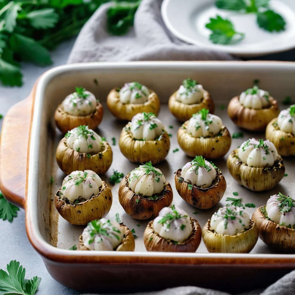 Mini potatoes in a baking dish, golden and stuffed with a creamy mixture, garnished with fresh herbs.