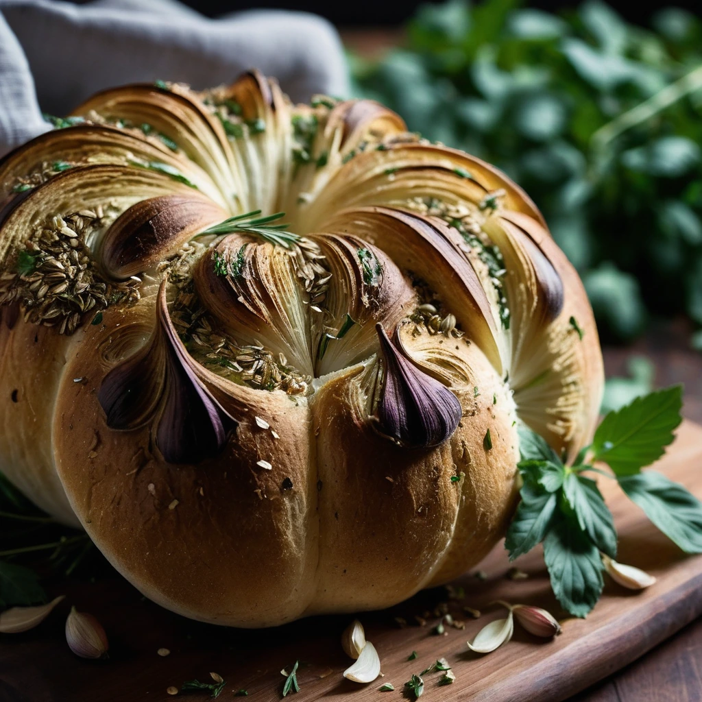 Golden crusted loaf with a rustic texture, sprinkled with herbs and a hint of golden roasted garlic cloves.