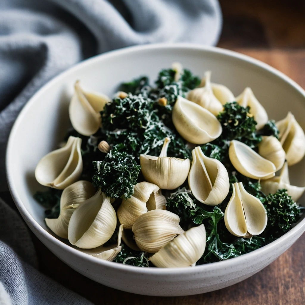 Pasta shells topped with creamy alfredo sauce, roasted garlic cloves, and sautéed kale in a rustic bowl.