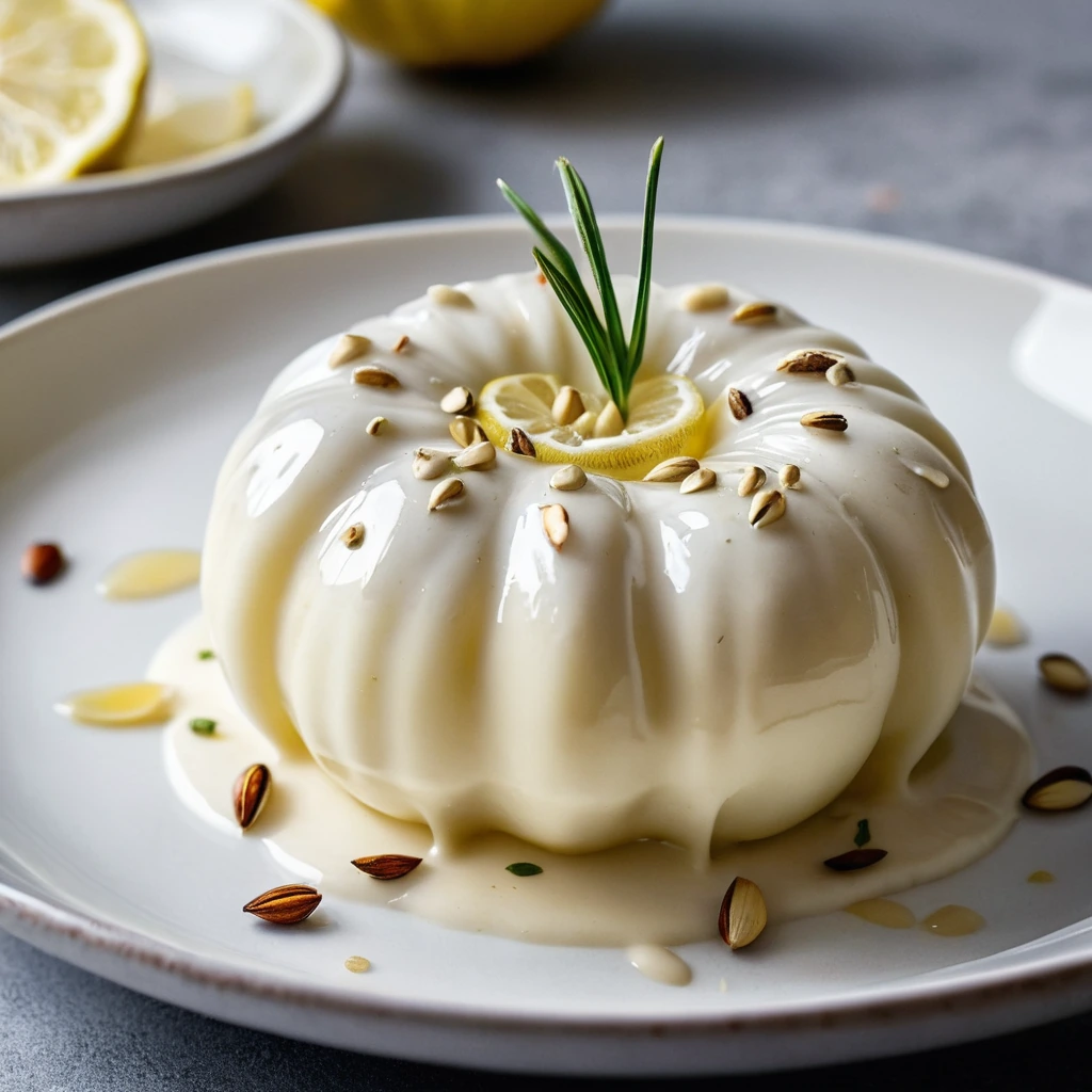 golden drizzle over a white plate, garnished with roasted garlic cloves and lemon zest