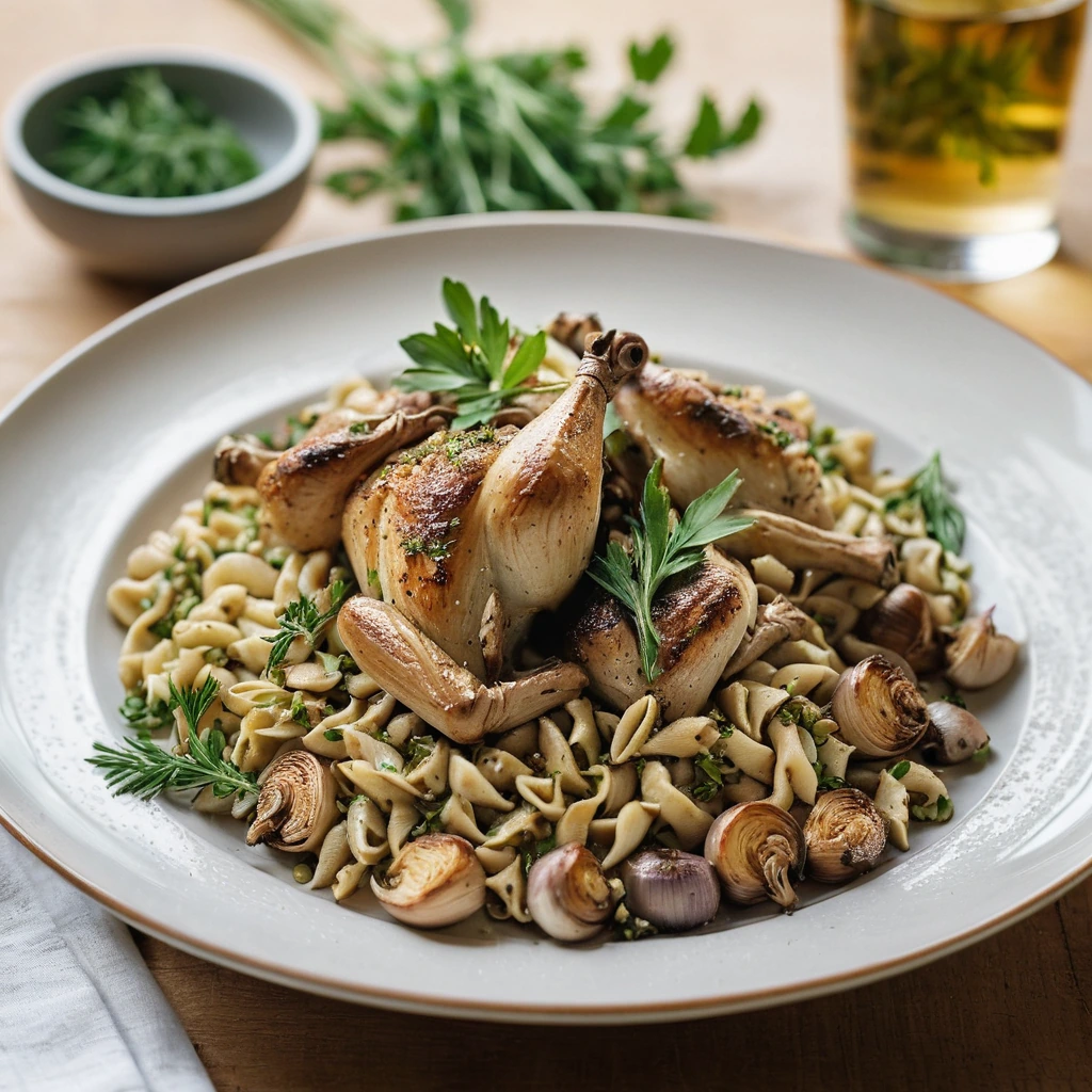 A plate of roasted chicken pieces with golden spaetzle and caramelized garlic cloves, sprinkled with fresh herbs.