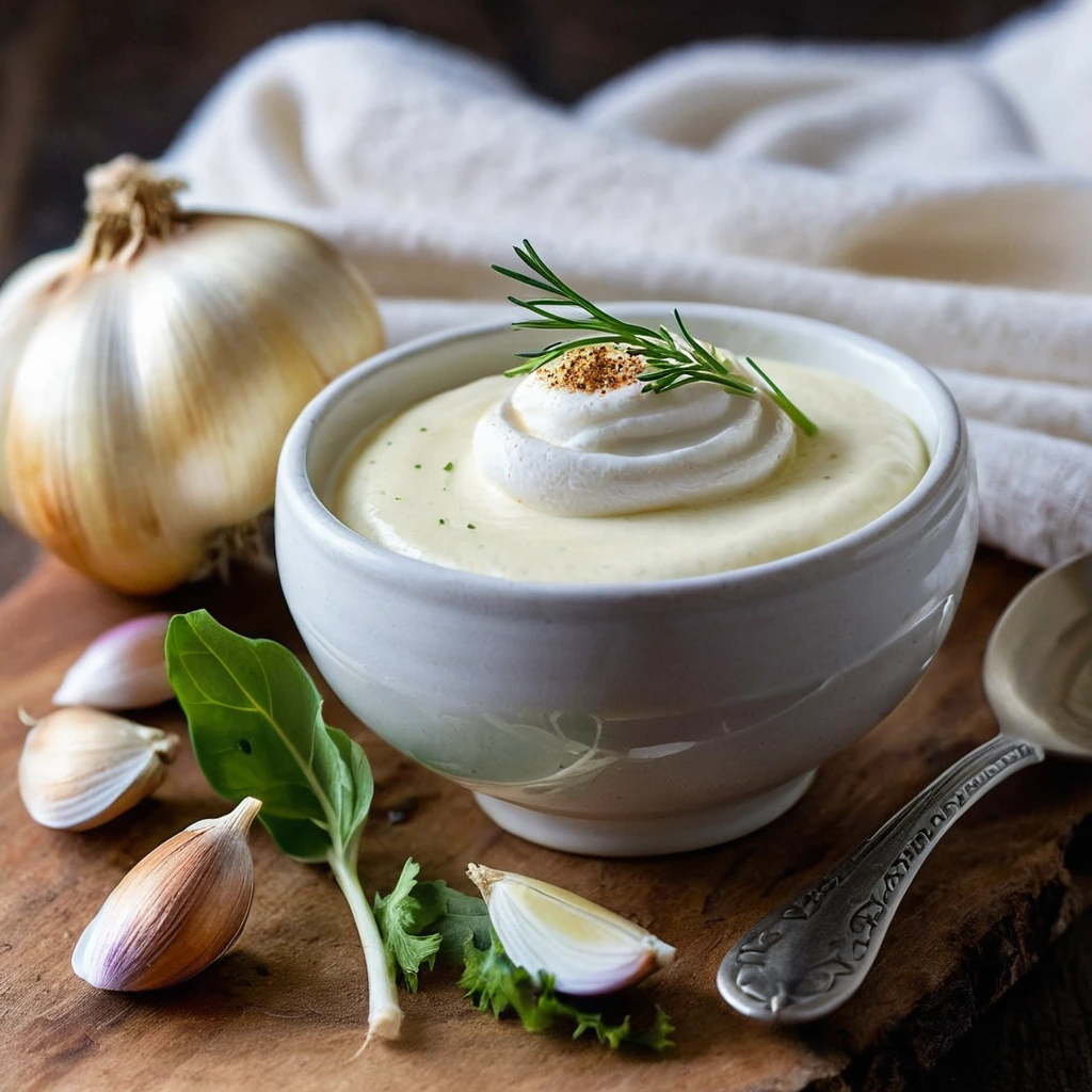 A plated serving of Roasted Garlic Garlic Aioli