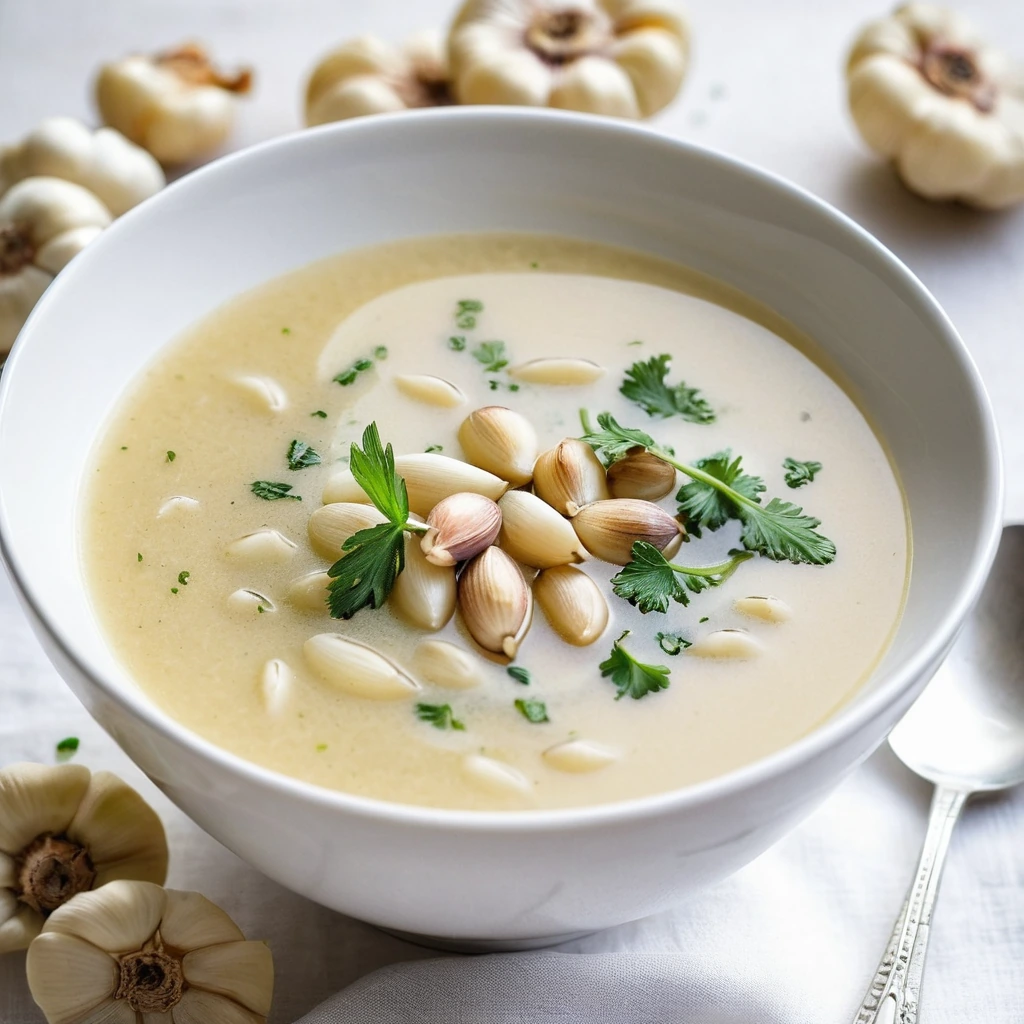 Creamy orange soup in a white bowl with roasted garlic cloves and white beans, garnished with parsley and a drizzle of olive oil.