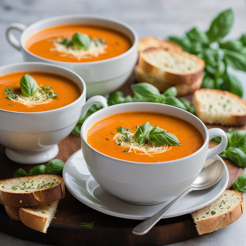 Bowl of vibrant orange bisque with golden cheese toast on top, sprinkled with fresh herbs.