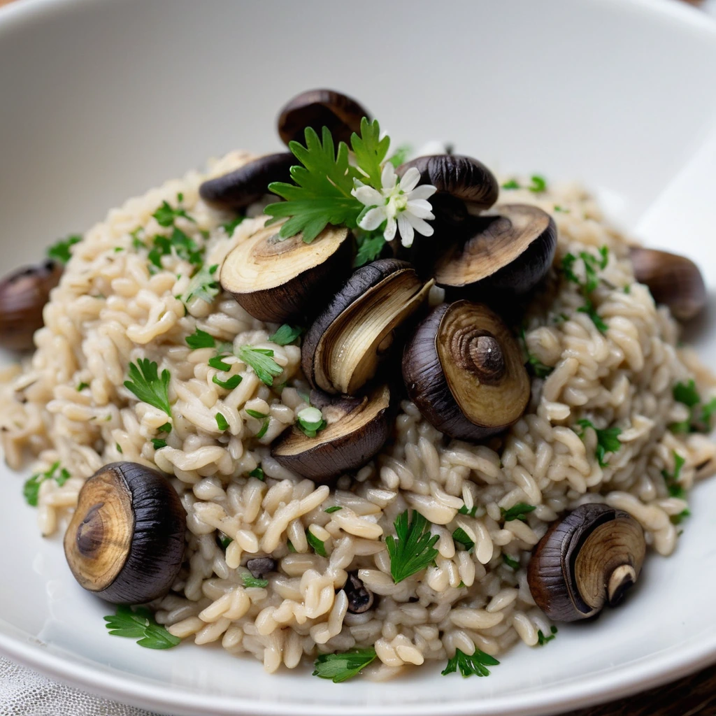 Creamy risotto in a bowl, sprinkled with roasted mushrooms and fresh parsley.