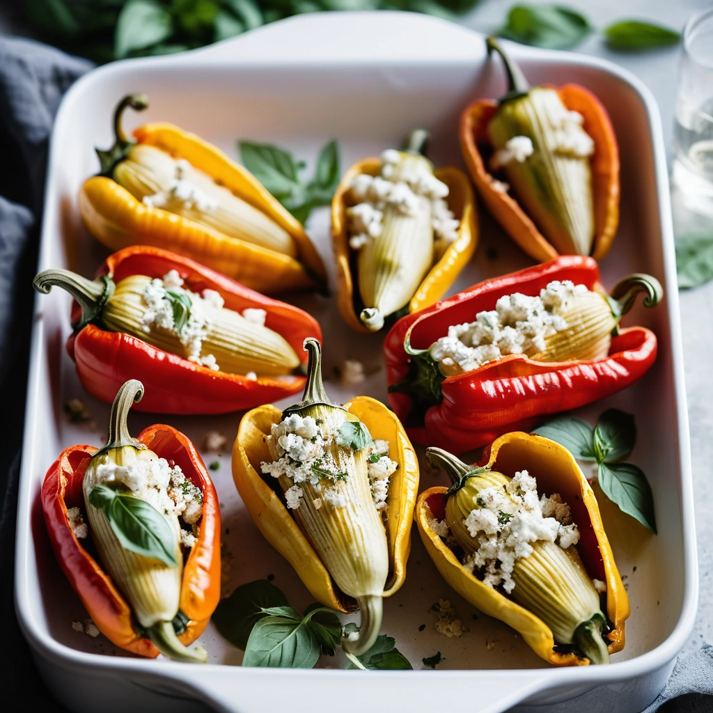 Golden bubbly pasta shells in a baking dish, filled with red pepper and white goat cheese.