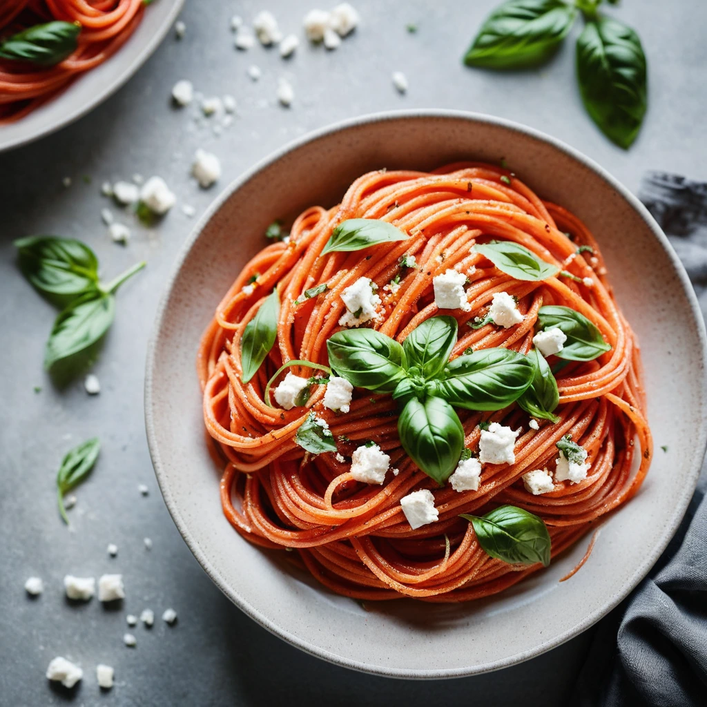 Twirls of golden spaghetti in a vibrant red sauce topped with creamy feta and fresh basil.