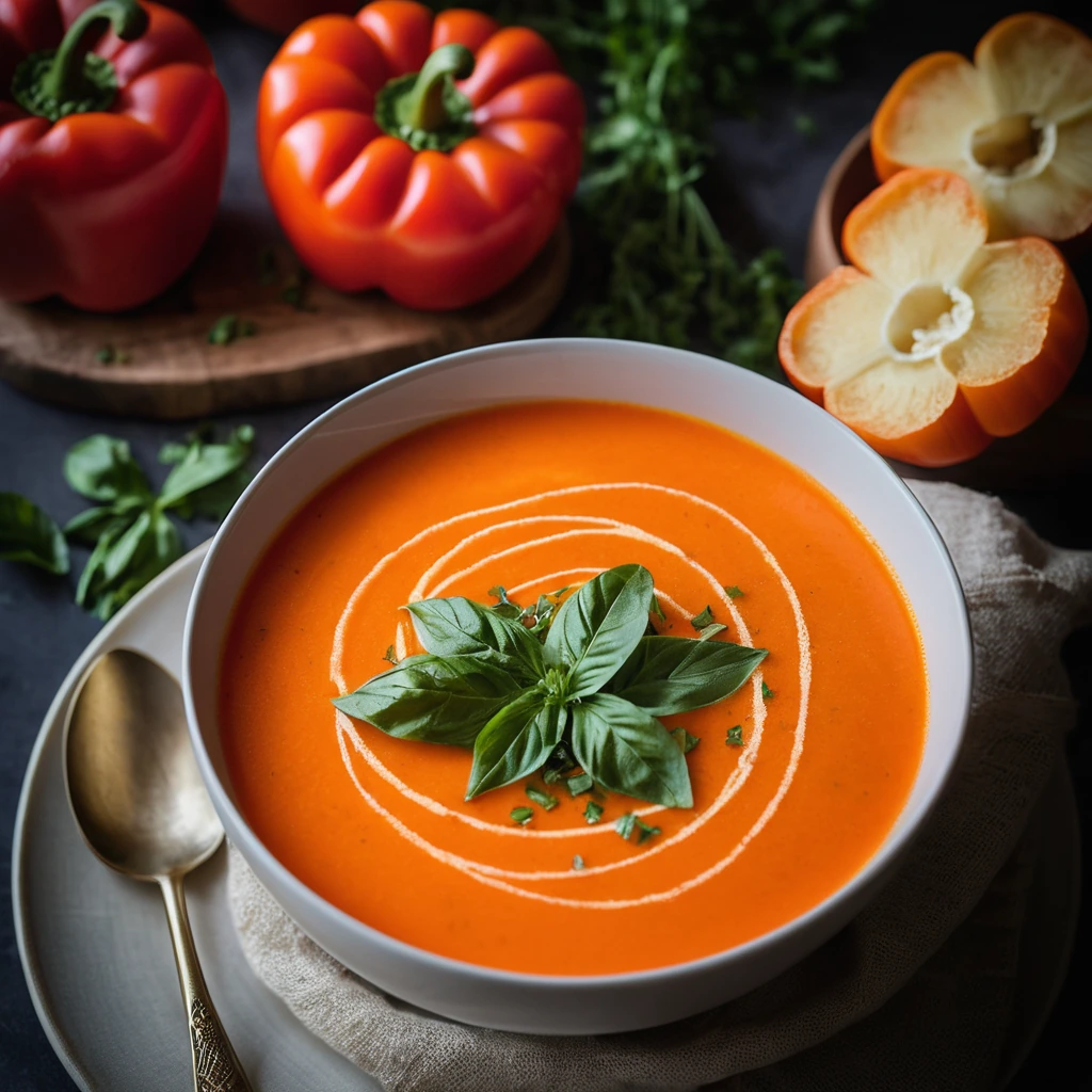 Steamy bowl of vibrant orange soup with melted golden gouda on top and fresh chives sprinkled across.