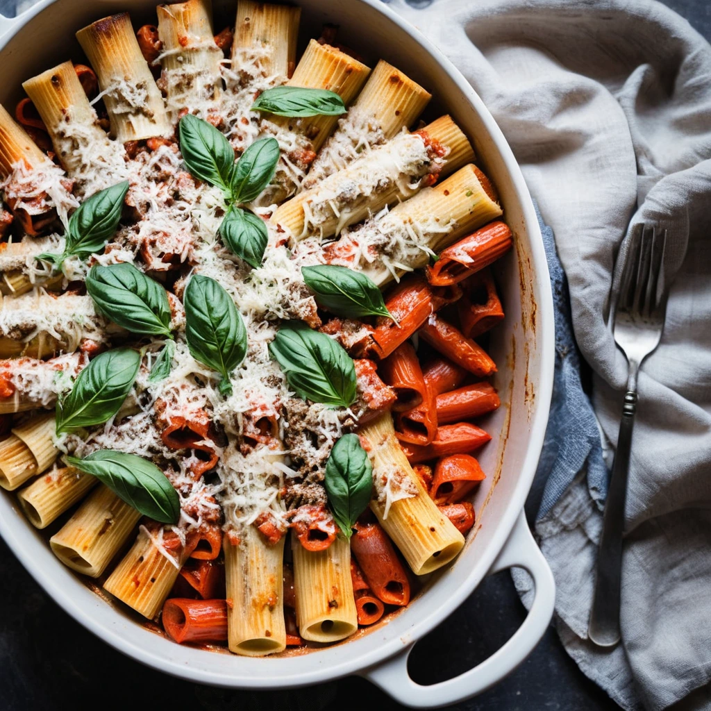 Baked rigatoni pasta with roasted red peppers and crumbled sausage in a creamy sauce, topped with melted cheese.