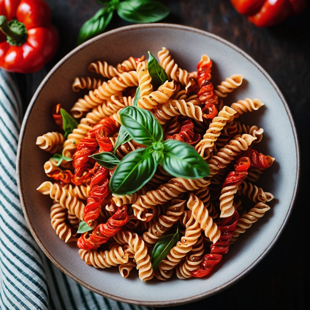 Twirled fusilli pasta in a bowl, vibrant with red sauce and flecks of green basil