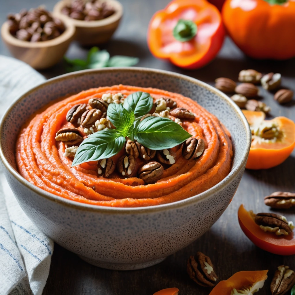 Rustic bowl of vibrant orange spread dotted with walnut pieces, garnished with fresh parsley.