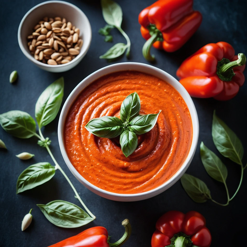 Rich red sauce in a bowl with roasted red peppers visible, glossy finish.