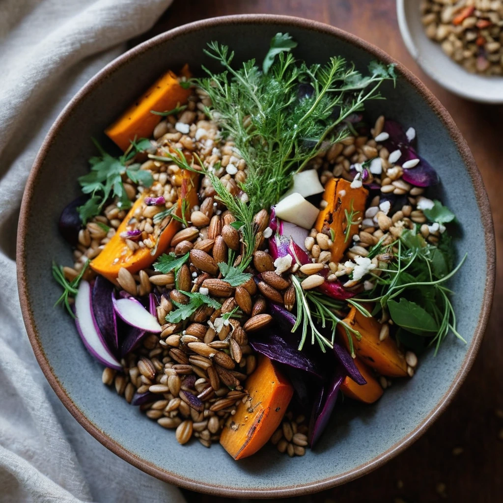 Colorful roasted root vegetables over a bed of golden farro in a rustic bowl, sprinkled with fresh herbs.