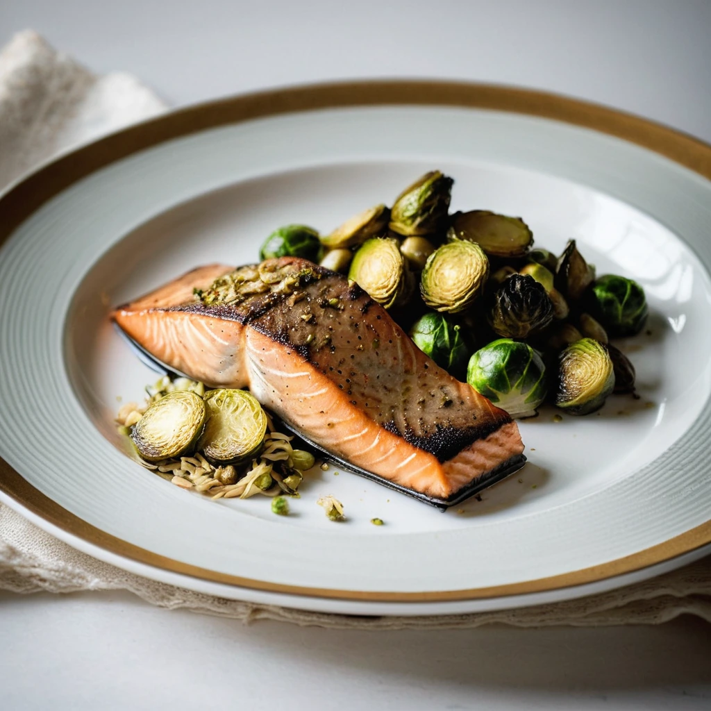 Plated roasted salmon fillet beside golden-brown Brussels sprouts drizzled with a glossy maple Dijon glaze.