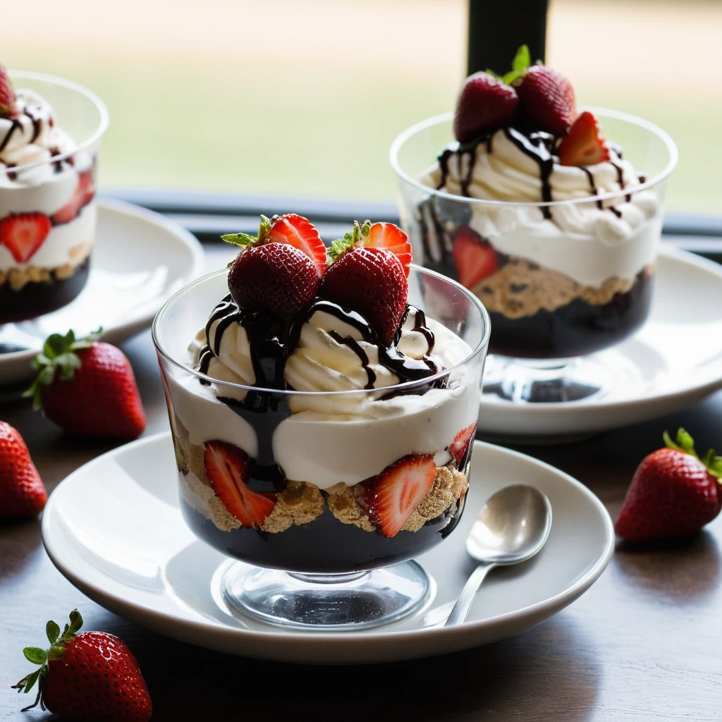 Sundae dishes with golden roasted strawberries, vanilla ice cream, and a drizzle of balsamic reduction.
