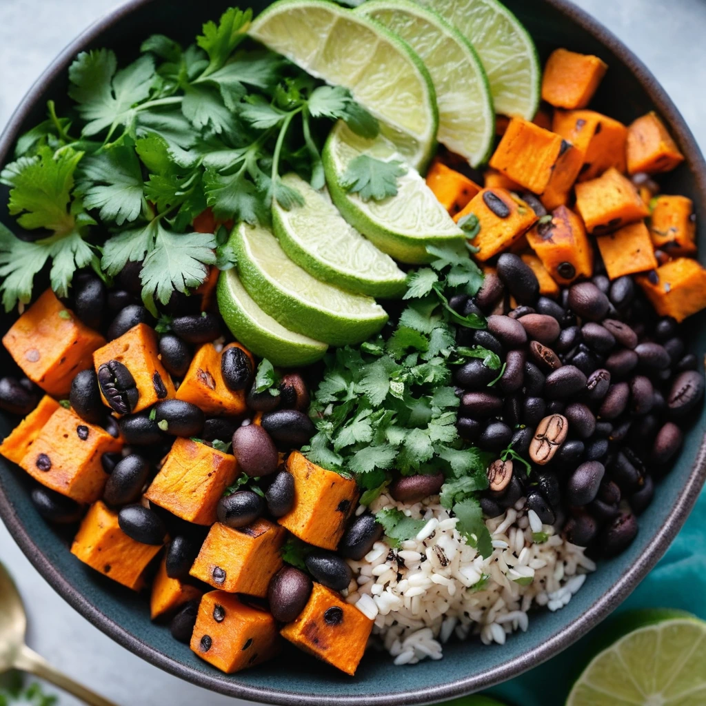 Colorful bowl with roasted orange sweet potato cubes, black beans, and fresh cilantro