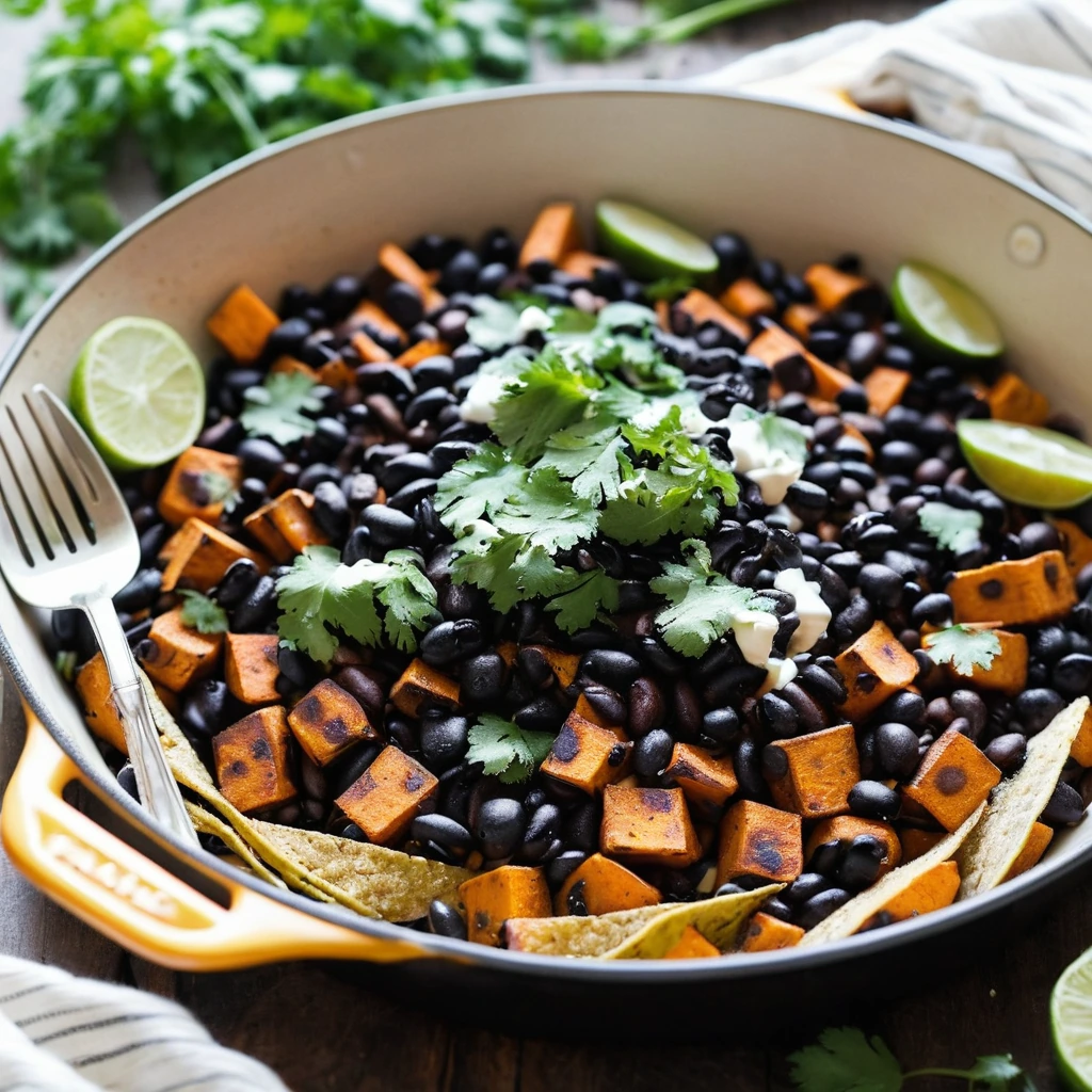 Golden roasted sweet potatoes and black beans in a skillet with green cilantro garnish.