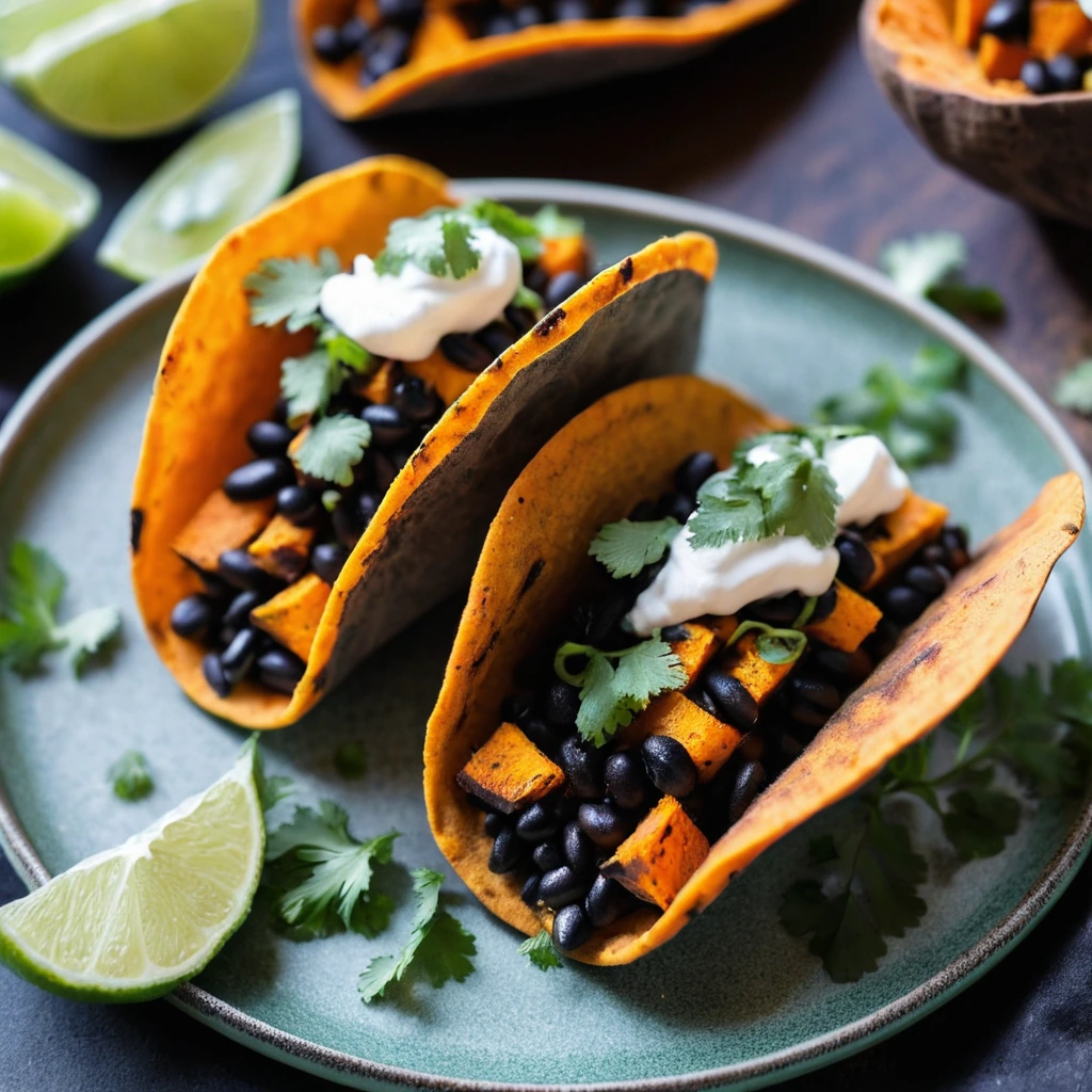 Warm corn tacos filled with golden roasted sweet potato cubes and black beans, topped with fresh cilantro and a lime wedge.