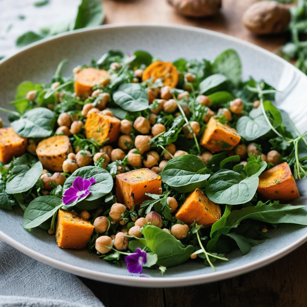 Colorful salad with golden roasted sweet potatoes and chickpeas on a bed of leafy greens, drizzled with green dressing.