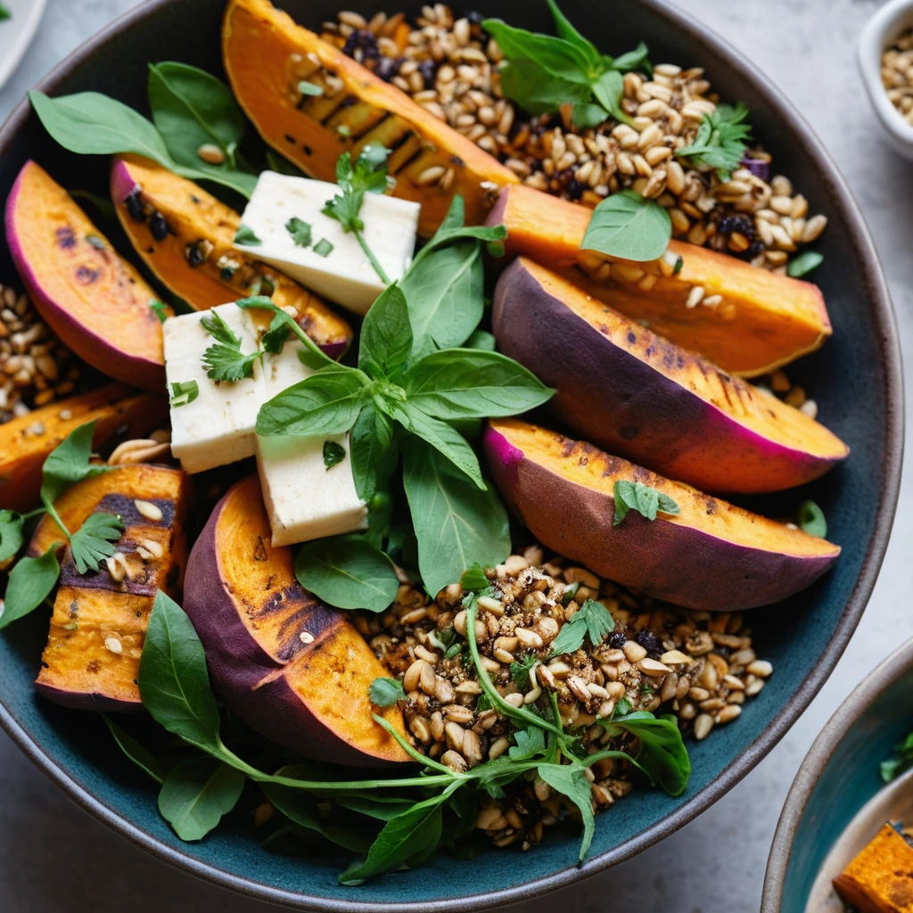Vibrant grain bowls with roasted orange sweet potato wedges and golden halloumi cubes, garnished with fresh herbs.