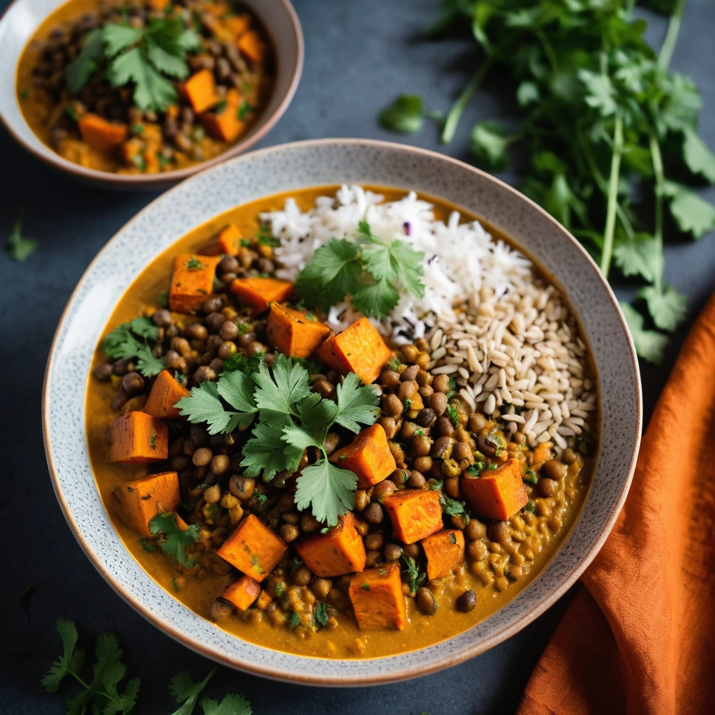 Golden roasted sweet potatoes and green lentils in a rich orange coconut curry sauce served in a bowl with fresh cilantro.