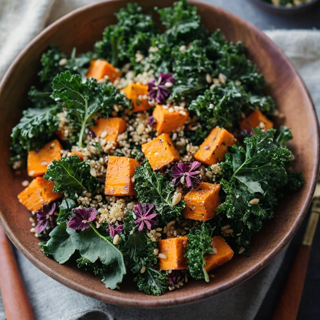 Colorful salad with roasted orange sweet potatoes, green kale, and white quinoa in a bowl