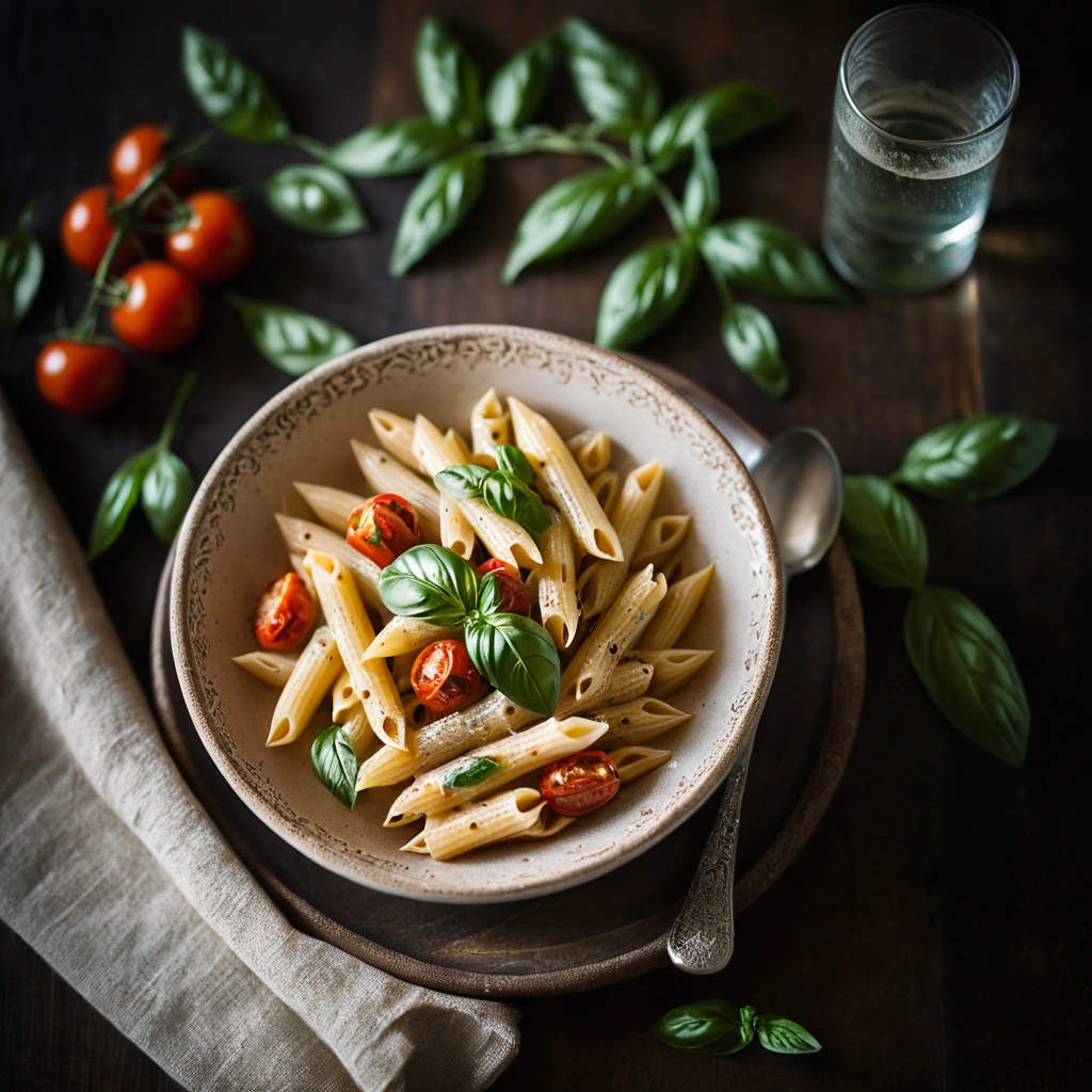 Penne pasta in a creamy sauce with roasted tomatoes and fresh basil leaves served in a rustic bowl.