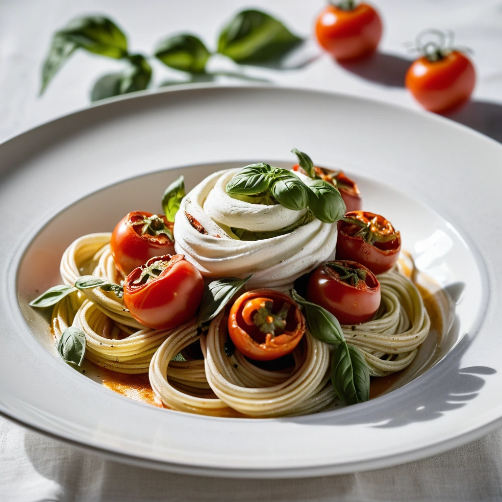 Bucatini pasta twirled on a white plate with vibrant roasted tomatoes and creamy burrata scattered on top.