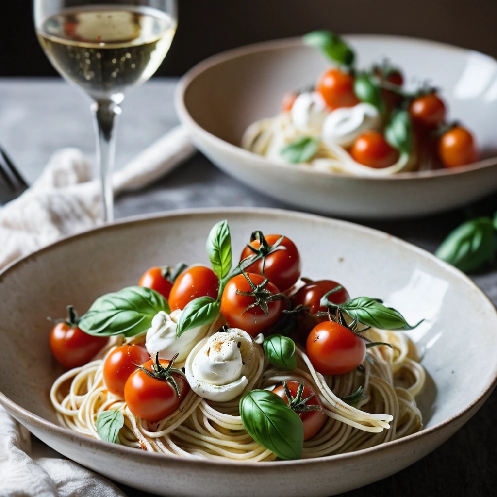 Golden roasted tomatoes and fresh burrata atop twirled spaghetti in a rustic bowl