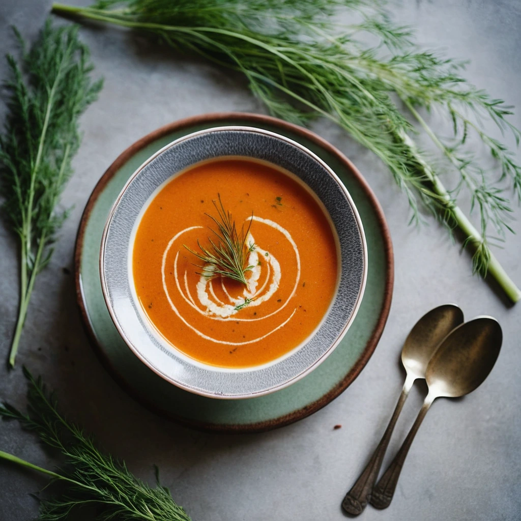 Creamy orange soup in a rustic bowl, garnished with fresh fennel fronds and a drizzle of olive oil.