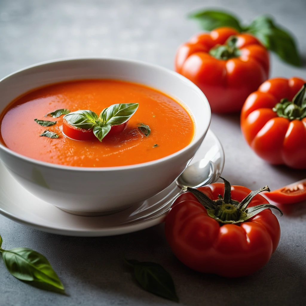 Steamy bowl of vibrant orange soup with chunks of tomato and red pepper, garnished with fresh basil.