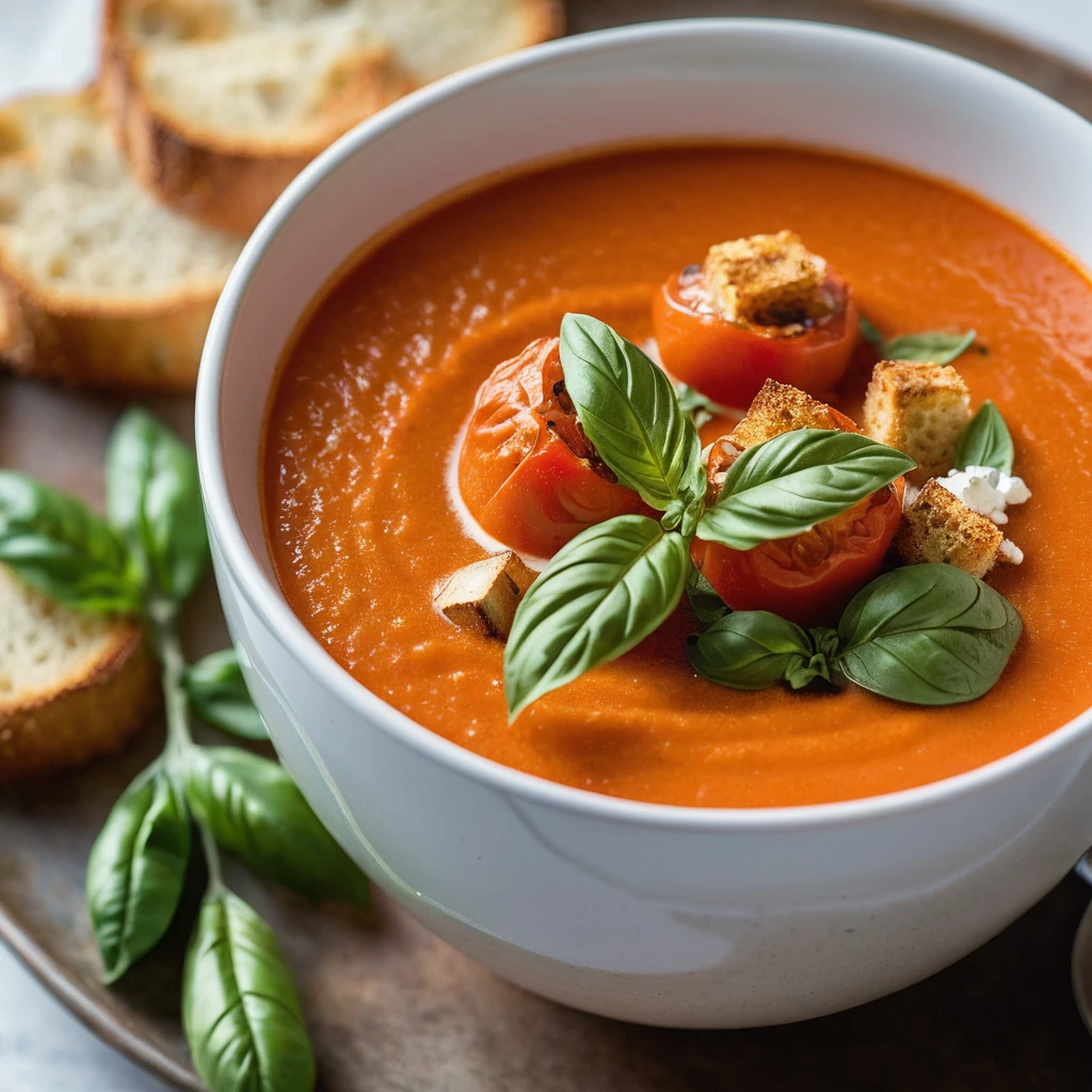 Golden bowl of roasted tomato soup with green basil leaves and golden brown garlic croutons on top